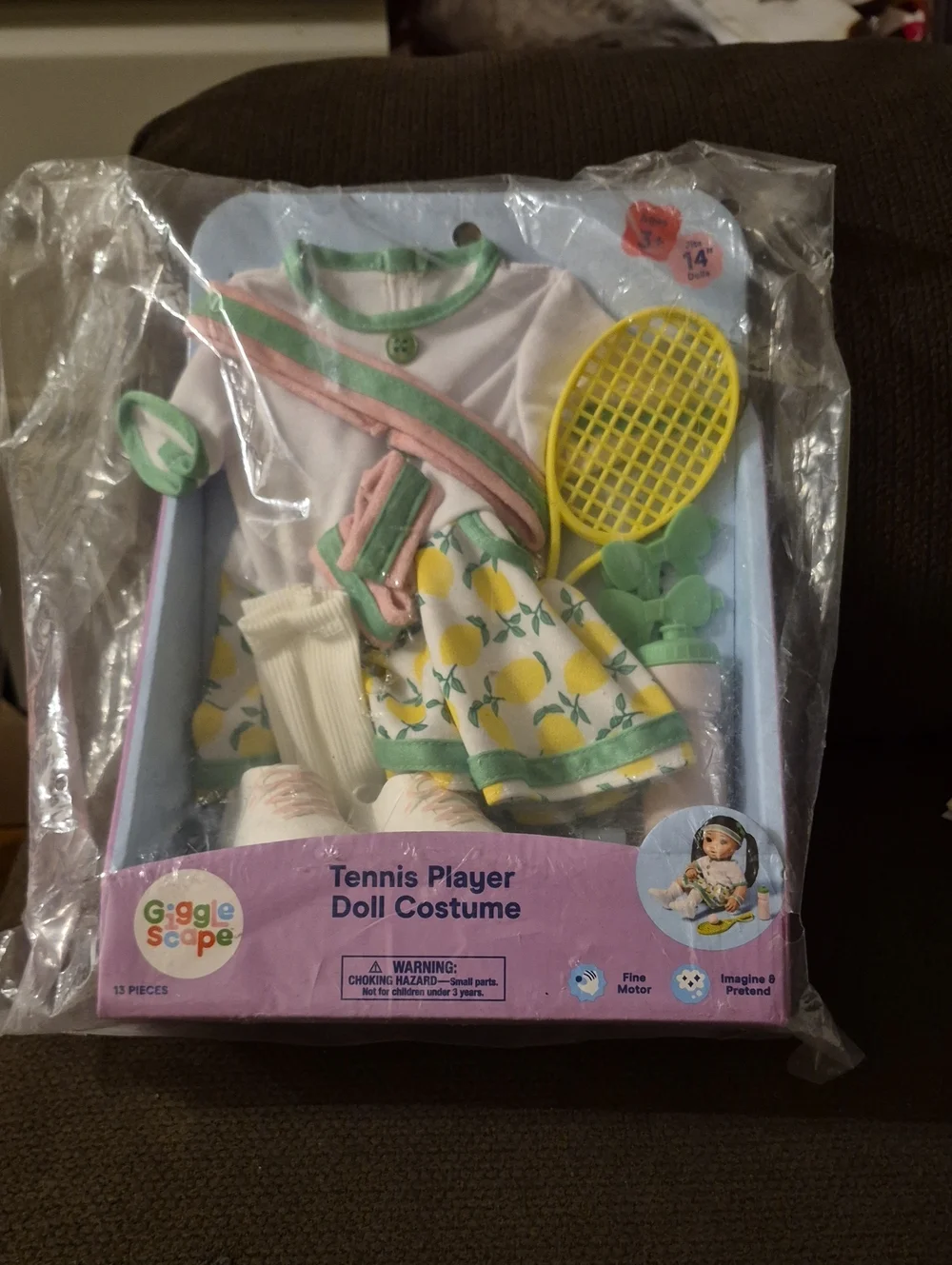 Kids Tennis Player Doll Outfit in White, Green & Yellow Doll 14